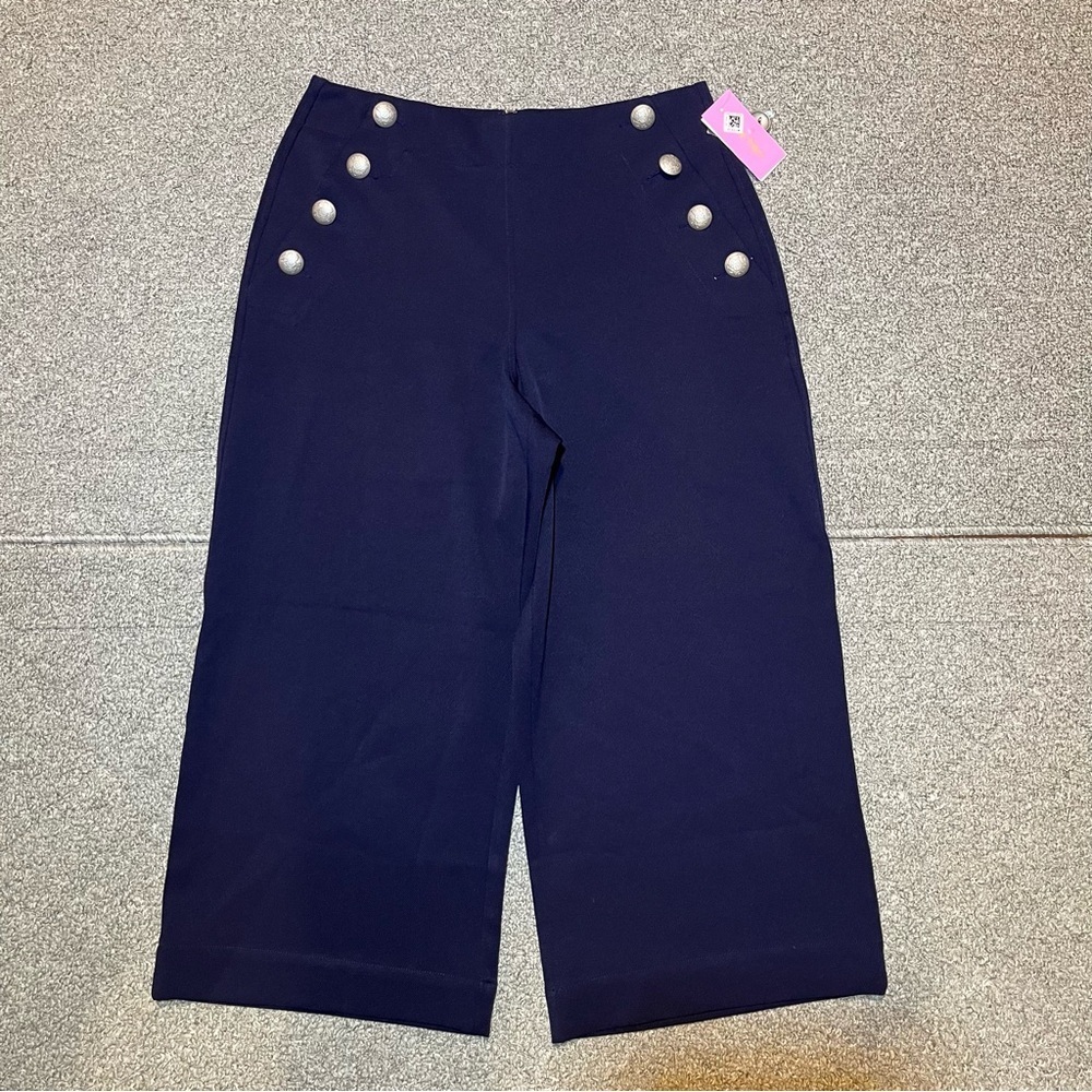 Riley & Rae Crop Wide Leg Pants Womens Size 8 Blue Back Zipper Metal Buttons NWT
